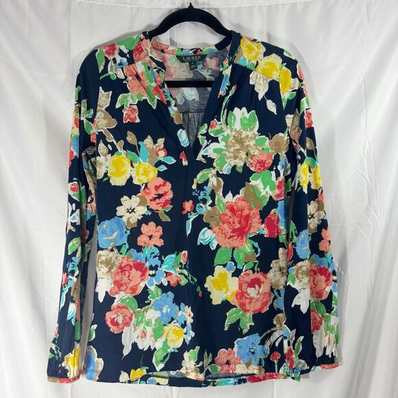 Lauren Ralph Lauren Navy Floral V-Neck Blouse Long Sleeve Med Preppy Boho Chic - Picture 1 of 4